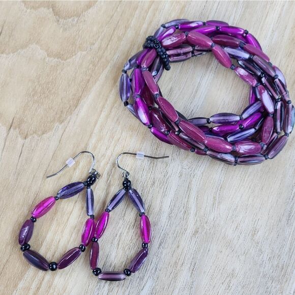 🩵Premier "Fuchsia" Purple & Pink Beaded Dangling Earrings - Picture 5 of 9